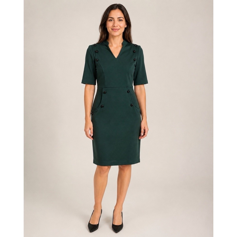 Grace Karin Women M Dark Green Military Button Sheath Pencil Work Dress NWT